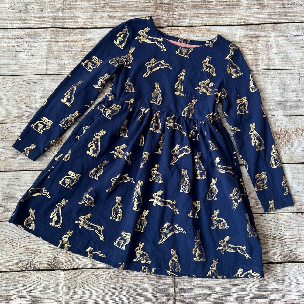 Mini Boden Long Sleeve Cotton Jersey Dress Navy Gold Bunny Prints (6-7Y)